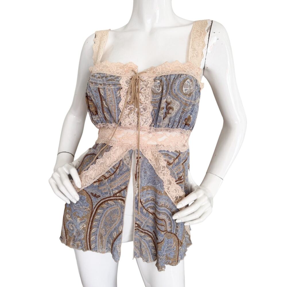 Arden B Vintage Y2K Fairycore Whimsy Babydoll Cami Top Slit Front Lace Paisley L